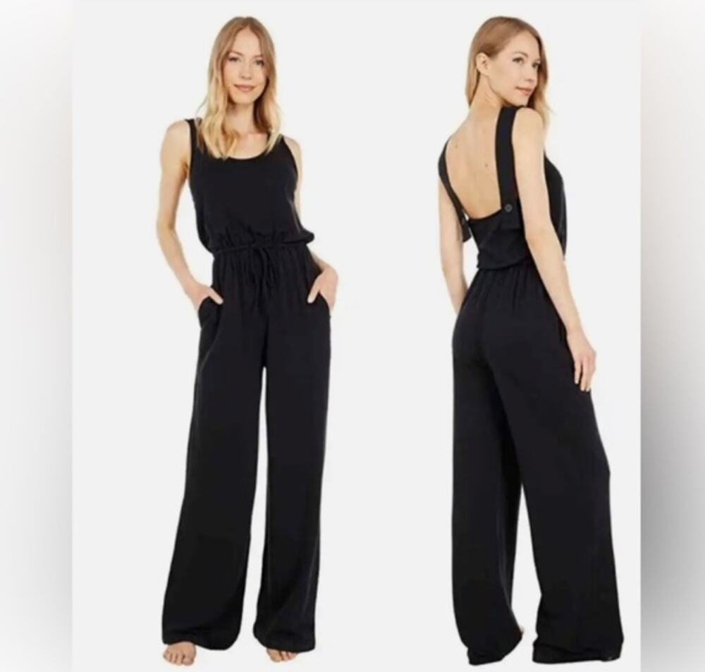 NEW Barefoot Dreams Malibu Collection Womens Luxe Lounge Jumpsuit Wide Leg Black